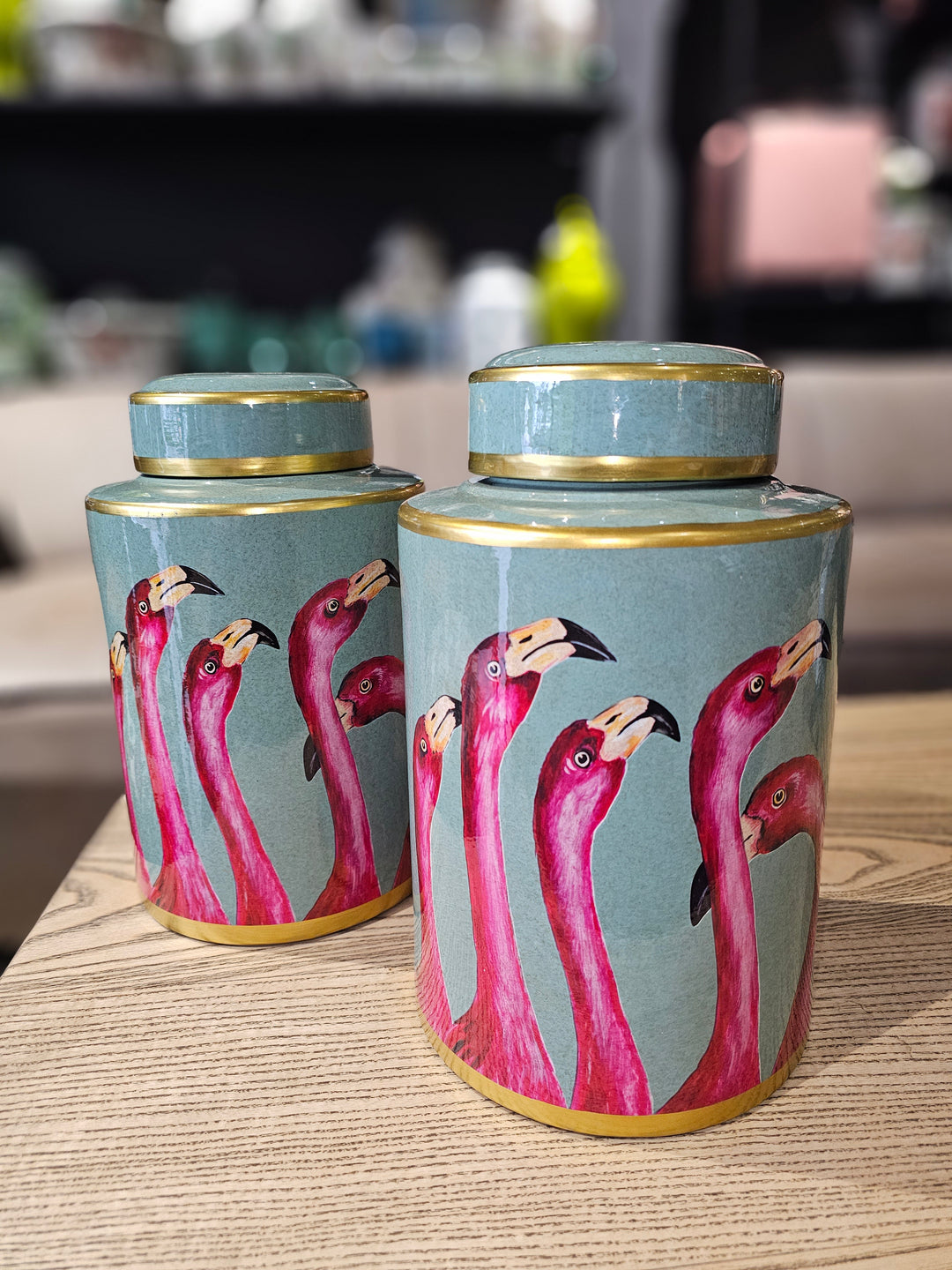 GREEN & PINK FLAMINGO JAR WITH LID 28X17CM