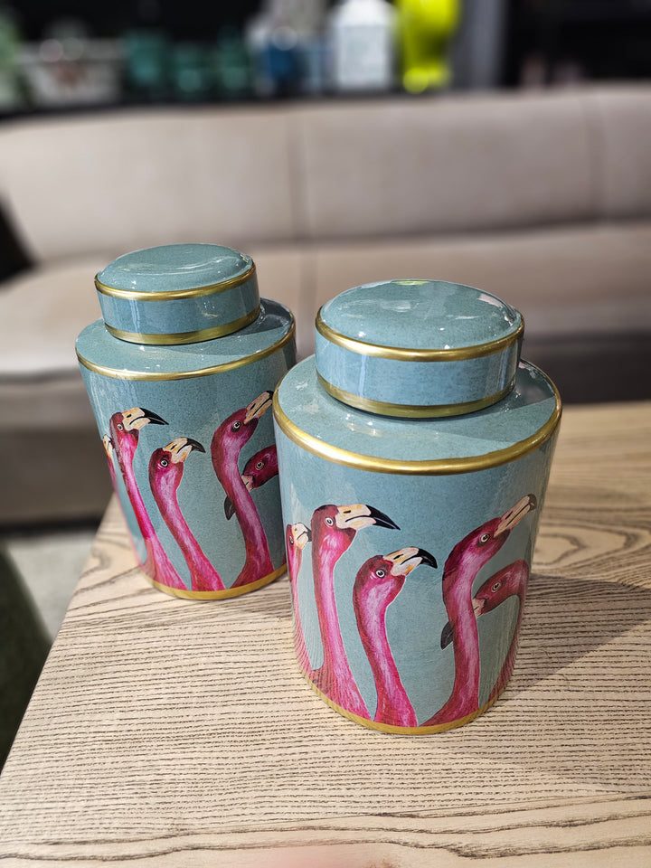 GREEN & PINK FLAMINGO JAR WITH LID 28X17CM