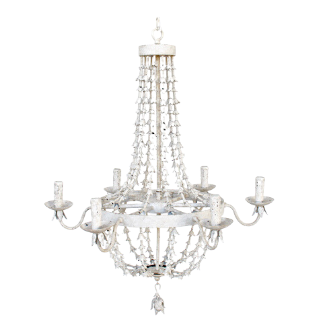 This stunning Antique White Metal Petal 6 Light Chandelier is sure to add a touch of elegance and sophistication to any room. Crafted from a durable metal and finished with a sophisticated white hue, this chandelier features six petal-shaped light fixtures that will make a stunning accent to your home. Buy with confidence from Unique Interiors Lifestyle.