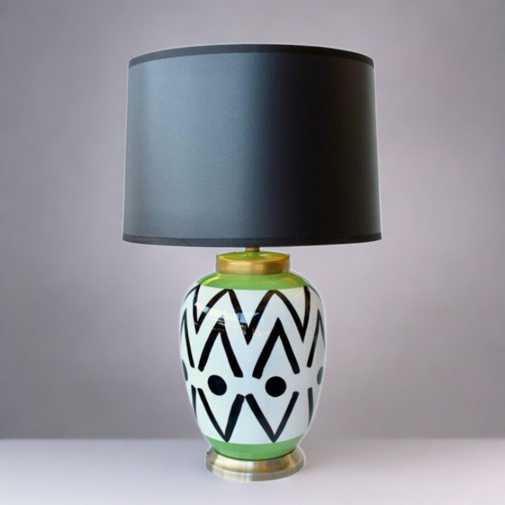 BLACK, GREEN & WHITE DETAIL LAMP BASE BLACK SHADE 65X41CM