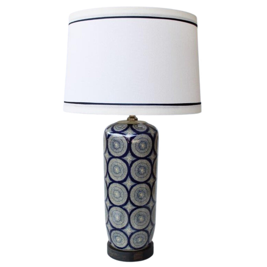 Blue Geo circles design lamp white shade blue stripe