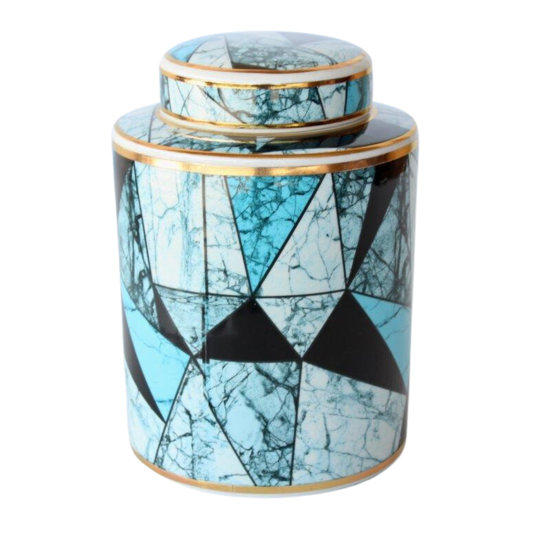 Blue black and gold design jar with lid   Bring in the classical beauty with this beautiful jar.