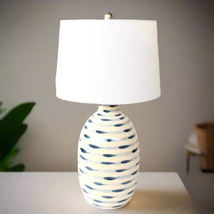 BLUE & WHITE STRIPES LAMP BASE WHITE FINIAL & HARP SHADE 69X38CM