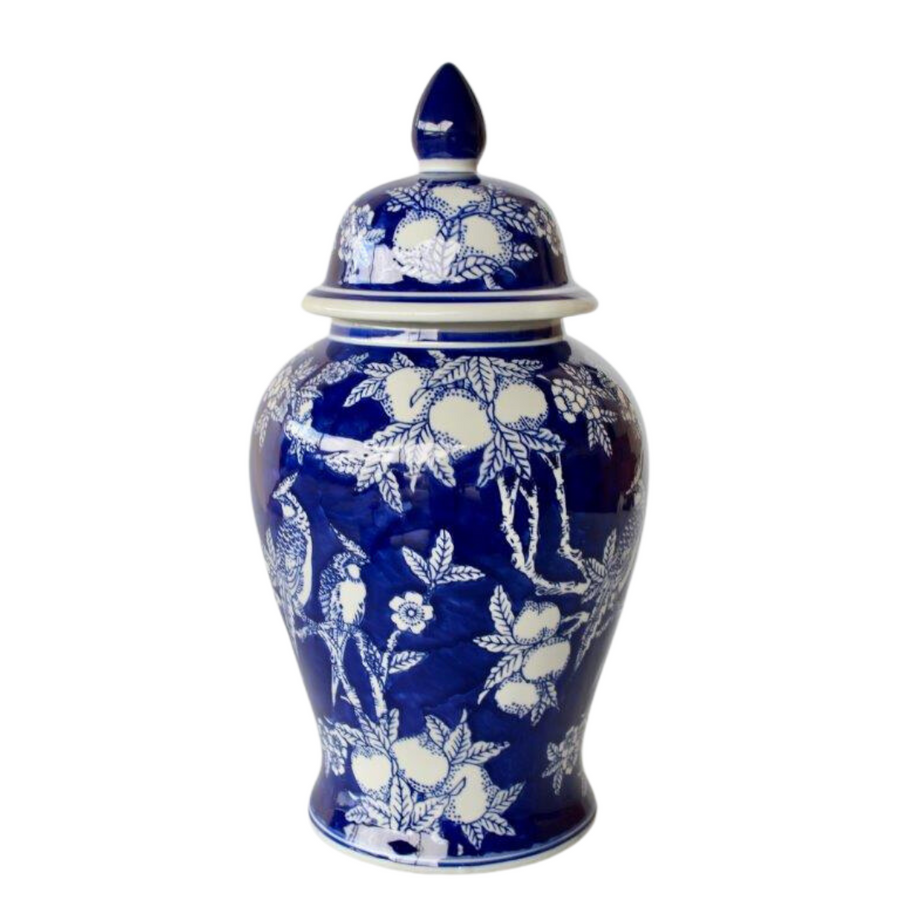 Blue & white bird ginger jar 47x23cm  Introducing the stunning Blue & White Bird Ginger Jar from Unique Interiors, a true work of art that will elevate any room in your home. This handcrafted piece is made with the highest quality materials, ensuring that it is built to last and designed to perfection.