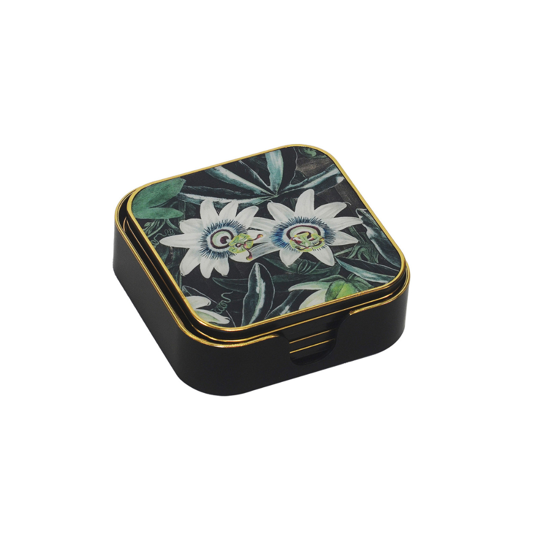 Upgrade your home decor with this set of six elegant coasters. Crafted with high-quality, durable materials, these coasters provide excellent protection and durability. The captivating design adds a unique touch to your dining table.  Unique Interiors.