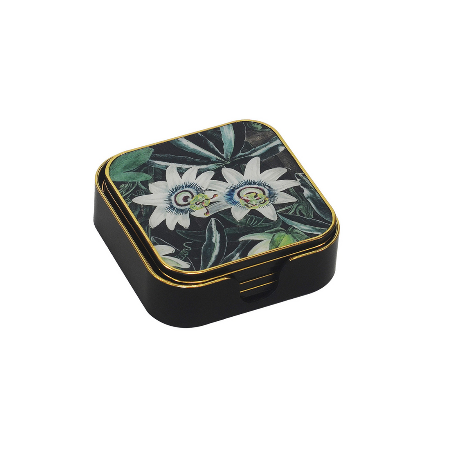 Upgrade your home decor with this set of six elegant coasters. Crafted with high-quality, durable materials, these coasters provide excellent protection and durability. The captivating design adds a unique touch to your dining table.  Unique Interiors.