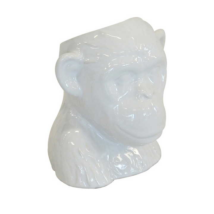 This 16CM (H) X 15CM (D) porcelain Ceramic monkey head planter pot is a unique interior decoration piece to liven up any space.  Ceramic monkey head white  Size  16CM (H) X 15CM (D)  Ceramic porcelain decor planter pot.  Unique Boys