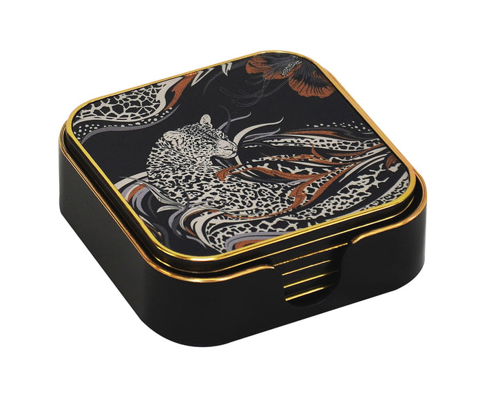 COASTER SQUARE GLITTER LEOPARD S/6