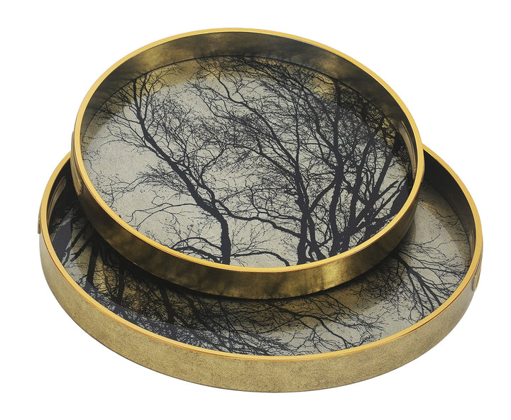 GLASS TRAY ROUND WHITE TREE SET OF 2