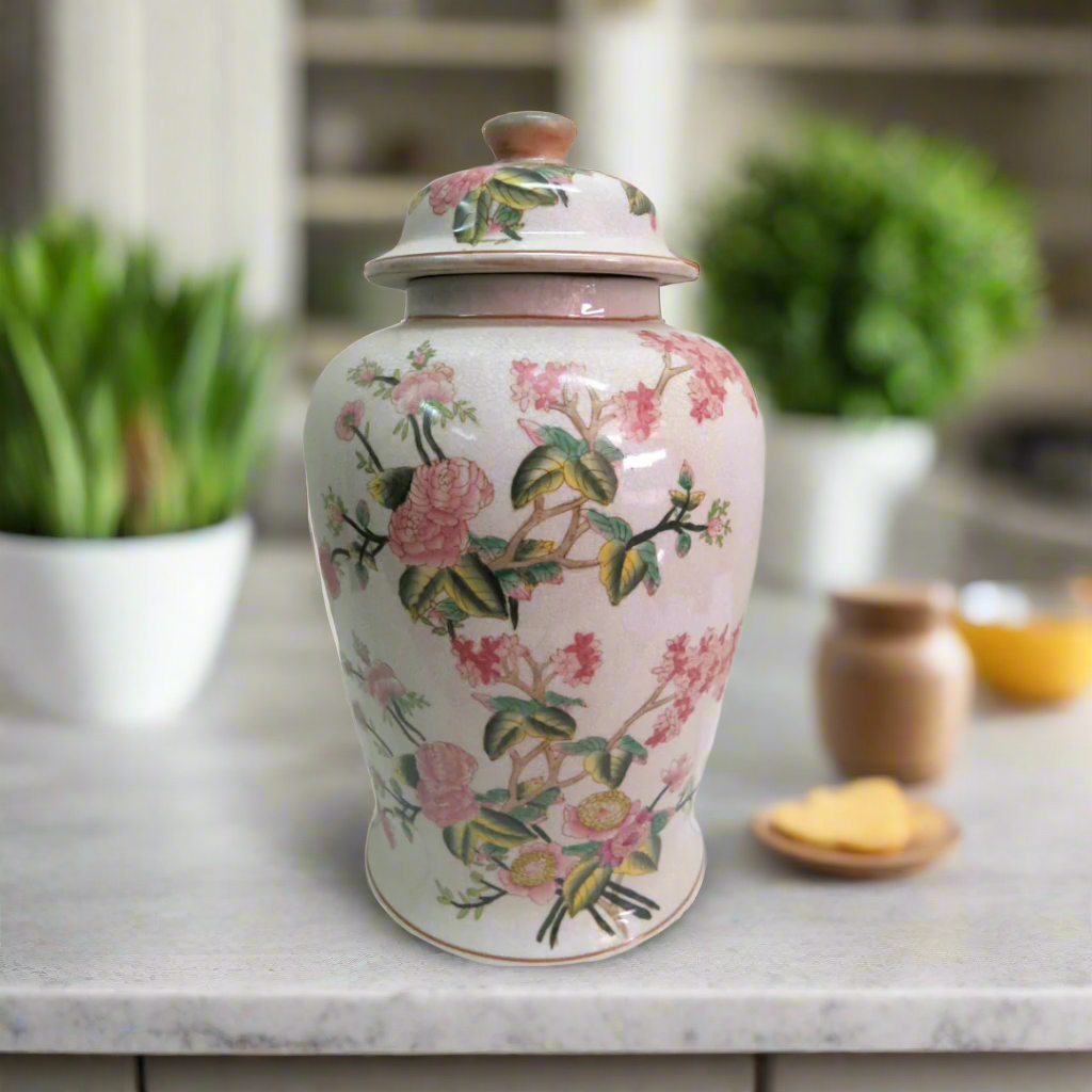 Add a Touch of Floral Elegance with the Eufloria Ginger Jar
Elevate your home decor with the stunning Eufloria ginger jar, featuring a beautiful hand-painted floral design that adds a fresh, natural touch to any room.
Intricate Details and Texture
The Eufloria ginger jar boasts intricate details that lend texture and dimension to your interior decor. Its high-gloss enamel finish adds a touch of luxury and sophistication, perfect for a traditional yet modern design.