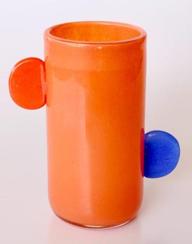 ORANGE GLASS VASE BLUE, ORANGE HANDLES 24X20X12CM