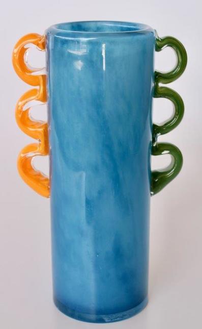 TALL BLUE GLASS VASE ORANGE, GREEN HANDLES 27.5X15X10CM