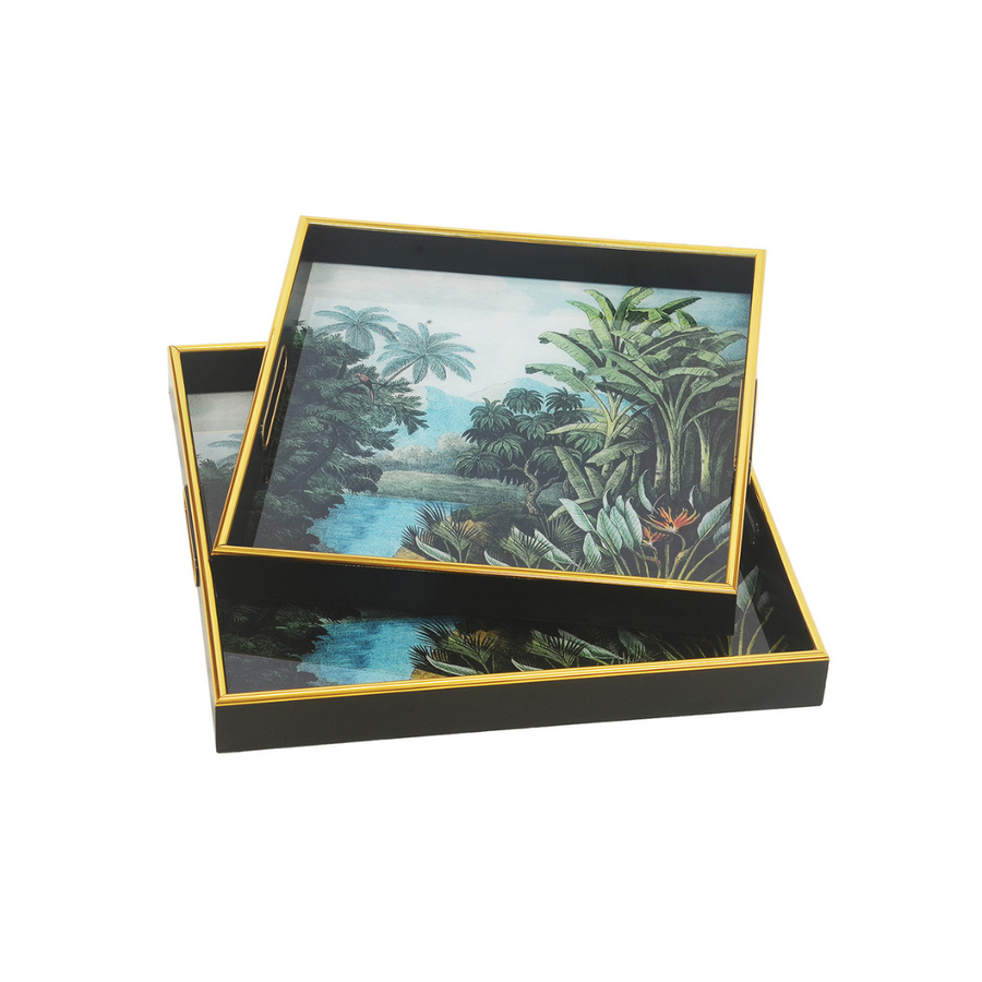 Enhance your home decor with our GLASS TRAY SQUARE LANDSCAPE S/2. With sizes of 40CM x 40CM x 5CM and 35CM x 35CM x 5CM, these elegant glass trays offer versatility and functionality. Perfect for serving or displaying, their sleek design adds a touch of style to any space.