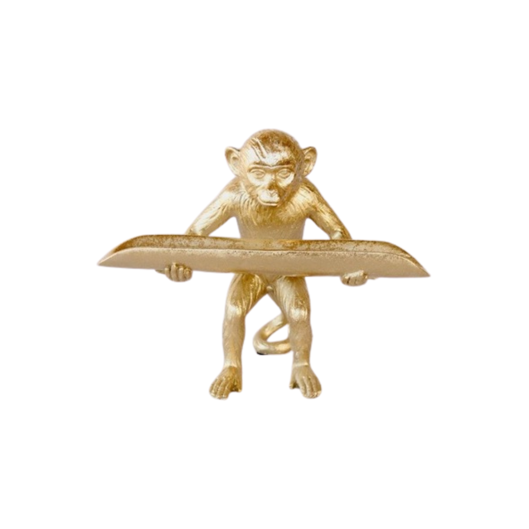 This elegant GOLD MONKEY HOLDING TRAY is expertly crafted to showcase its intricate design and detailed features. With its generous size of 19x21x13cm, it provides ample space for holding drinks, snacks, or even small decor items. Made from high-quality materials, this tray is both functional and visually striking, making it a perfect addition to any home or event.unique interiors.