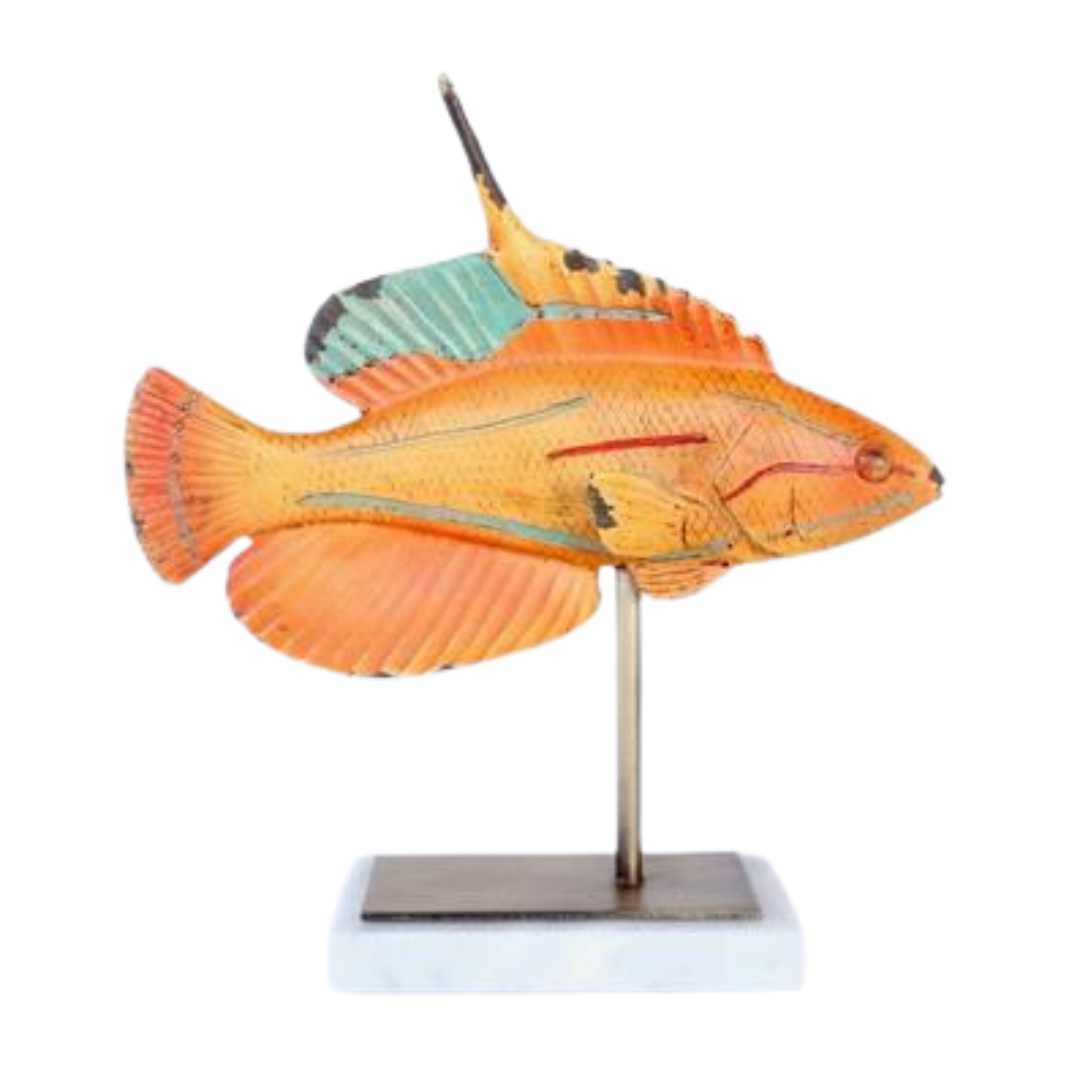 MEDIUM ORANGE FISH ON MARBLE BASE ORNAMENT 27X25X8CM. This medium-sized ornament features a vibrant orange fish displayed on a sleek marble base. Measuring at 27x25x8cm, it adds a pop of color and elegance to any space. Perfect for fish enthusiasts and those looking to add a unique touch to their decor.  DELIVERY 5 to 7 working