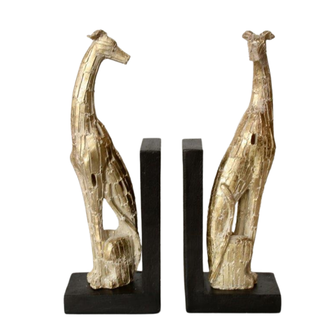 PAIR OF DOG BOOKENDS CHAMPAGNE COLOUR 30X21.5CM Introducing our elegant and functional PAIR OF DOG BOOKENDS in CHAMPAGNE COLOUR, perfectly sized at 30x21.5cm. These bookends not only hold your books securely in place, but also add a touch of sophistication to your home decor. Made with high-quality materials, these bookends are a must-have for any dog lover and avid reader.  Delivery fee 5 to 7 working days