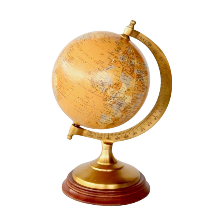 SMALL BRASS & MUSTARD WORLD GLOBE 22X15CM