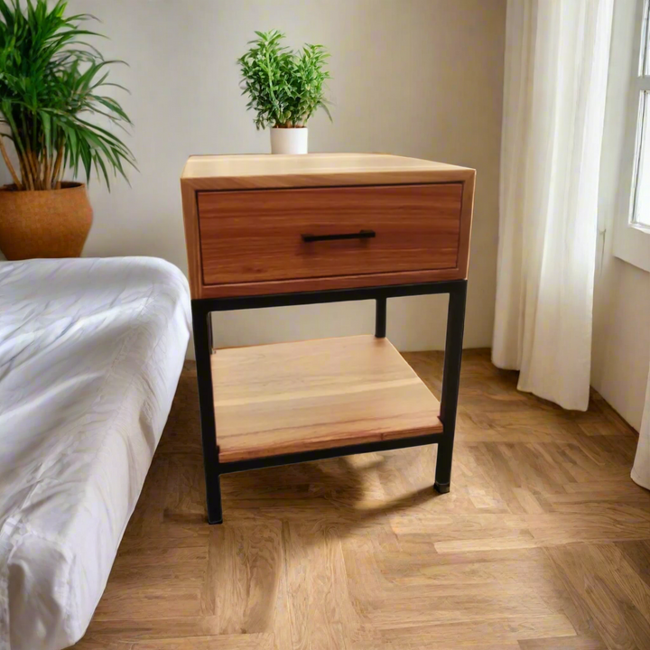 Kiaat Bedside Pedestal with 1 Drawer and Shelf
Elevate your bedroom with our stunning Kiaat bedside pedestal, featuring a single drawer and shelf on a metal frame.
Product Specifications