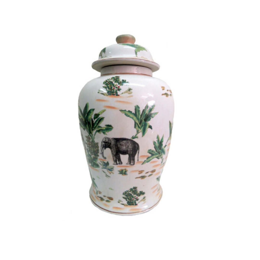 Bring Exotic Elegance to Your Space with the Palm Elephant Ginger Jar
Add a touch of the exotic East to your home or office with the stunning Palm Elephant Ginger Jar. This beautiful ceramic jar features vivid, hand-painted images of an elephant and palm leaves, evoking a sense of tropical elegance.
Hand-Painted Masterpiece
Crafted from fine ceramic, this jar is a true masterpiece of craftsmanship. The intricate, hand-painted design adds a touch of uniqueness and sophistication to any room.
Perfect Size