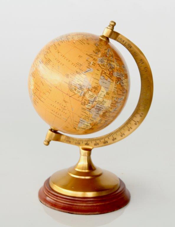 SMALL BRASS & MUSTARD WORLD GLOBE 22X15CM