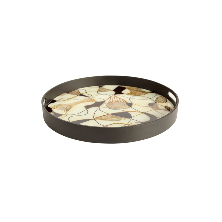 LARGE ROUND BLACK, WHITE & GOLD TRAY 6X49.5CM