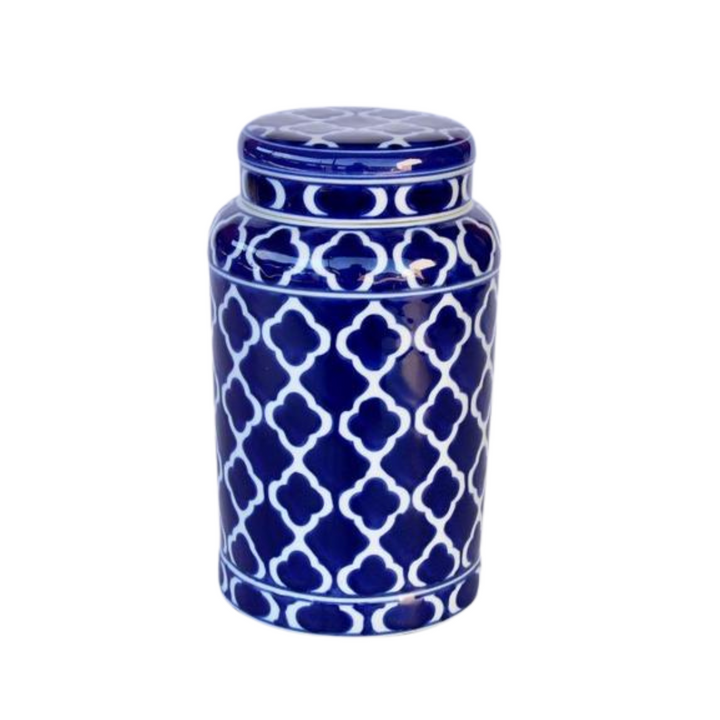 Large Geo Blue & White Jar with Lid  28X16CM