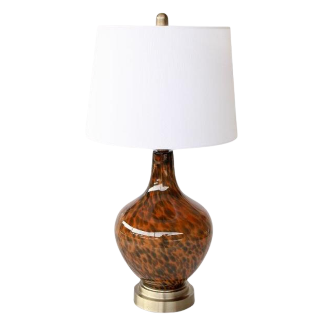 TORTOISE SHELL LAMP BASE WHITE FINIAL & HARP SHADE 67X36CM