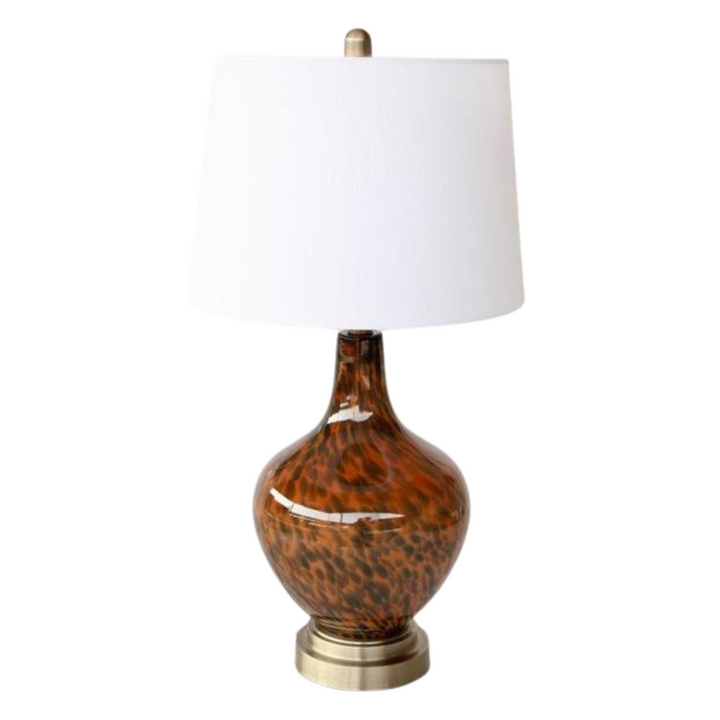 TORTOISE SHELL LAMP BASE WHITE FINIAL & HARP SHADE 67X36CM