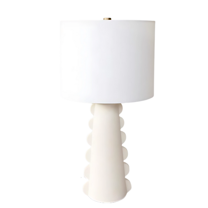 OFF WHITE HALF CIRCLE SHAPED LAMP WHITE FINIAL & HARP SHADE 60X38CM