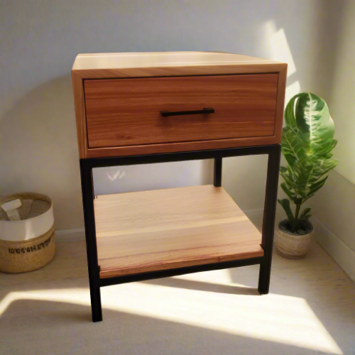 Soloblock Kiaat bedside pedestal with 1 draw and shelf metal frame