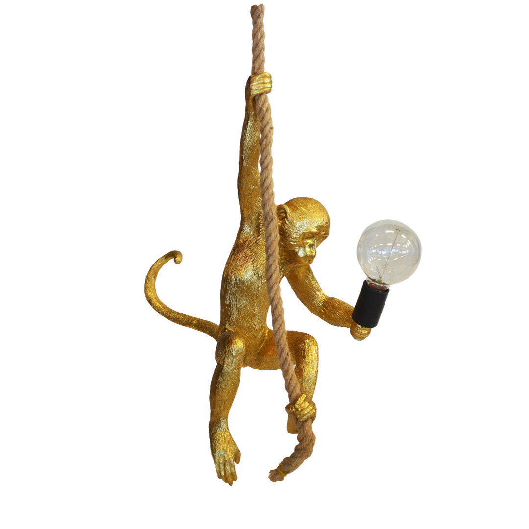 This resin monkey on rope gold is a gorgeous piece for your interior décor. It stands 70-80cm (H) high and features a beautiful gold monkey on the rope, perfect for a hanging light. A one-of-a-kind addition to any home, this ornamental lighting will bring unique flair to your interiors.  Resin monkey on rope gold  Size  70 to 80CM (H)  Beautiful gold monkey on the rope for the perfect hanging light.  Lovely addition to any home. Interior Decor Piece.  Ornamental lighting.  www.uniqueboys.co.za