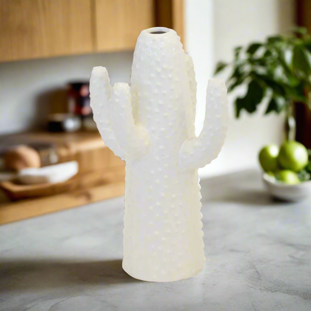 Ceramic cactus vase white small