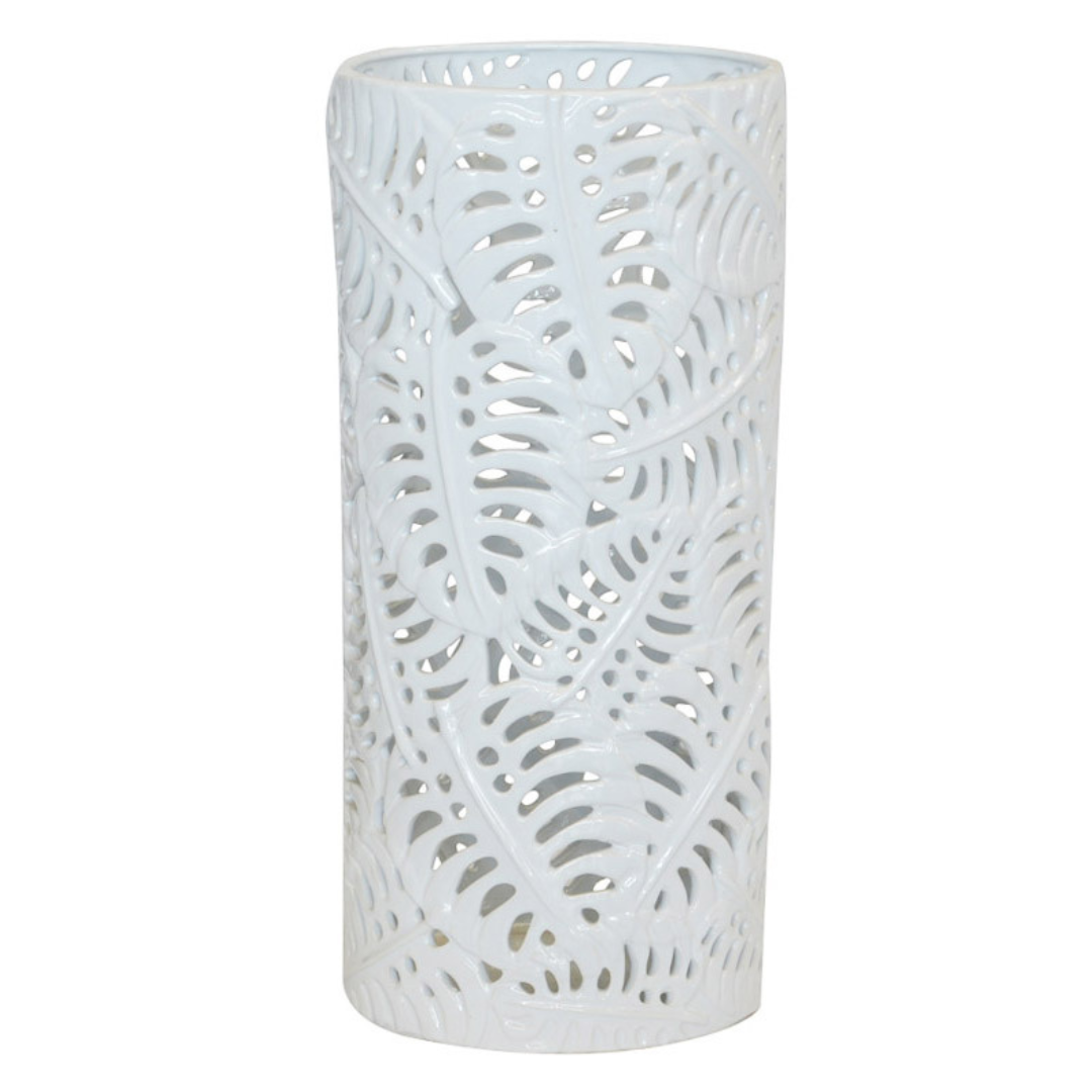 This unique white ceramic umbrella holder features a monstera cut-out, adding a modern and stylish touch to any home. It stands 60cm tall with a 28cm diameter, making it a perfect size for any entryway. The holder’s ceramic construction and timeless design make it a reliable and stylish addition to any home.  Ceramic umbrella holder monstera cut out white  Size  60CM (H) X 28CM (D)  Unique Interiors 