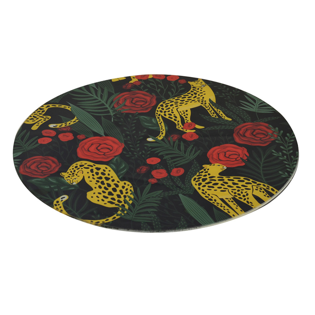 This Glass Place Mat Round Leopard Flower Set of 2 adds a unique and modern touch to any interior. With a 35cm diameter size, this set of two mats brings style and sophistication to any space. Perfect for a dining room table or living room side table, the Glass Place Mat Round Leopard Flower Set of 2 makes a great addition to any home or office.  Glass Place Mat Round Leopard Flower Set of 2  Size  35CM dia  Glass New Arrivals Interior  Unique Interiors  Delivery  5 to 7 working days