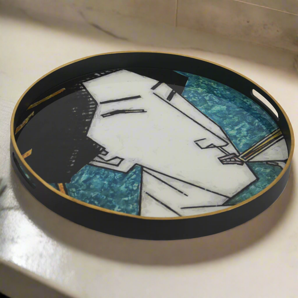 Glass tray geisha girl teal (60cm)