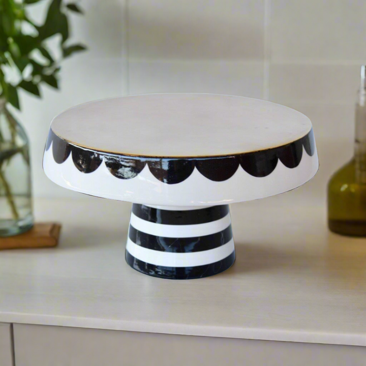 Large black and white cake stand scallop edge