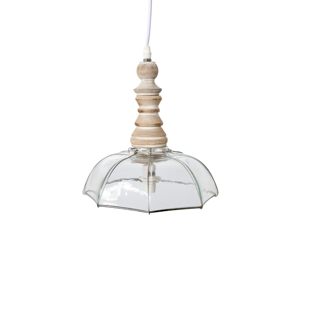 This Hexagonal glass and wooden top hanging lamp adds sophistication to any space. At 27x24.5cm, it's the perfect size for creating a warm, inviting atmosphere. By combining the glass and wood, it stands out as unique and classic at the same time. Light fixtures are a great way to influence your home's ambiance for any occasion.  Delivery 5 - 7 working days