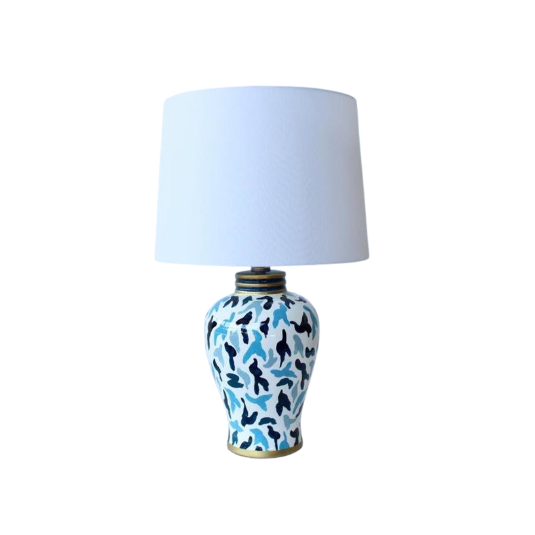 Navy & blue design lamp base off white shade 65x41cm