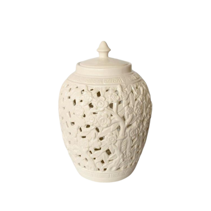 White flower & leaf cut-out design barrel shade jar with lid