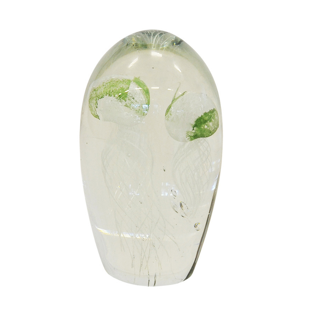 Introducing the stunning Glass Paperweight Jellyfish from Unique Interiors! Measuring 16cm in height, this exquisite piece of art is a must-have for any collector or admirer of glass sculptures. The multi-mint color palette adds a touch of elegance and sophistication to any space, making it the perfect addition to your home or office decor.