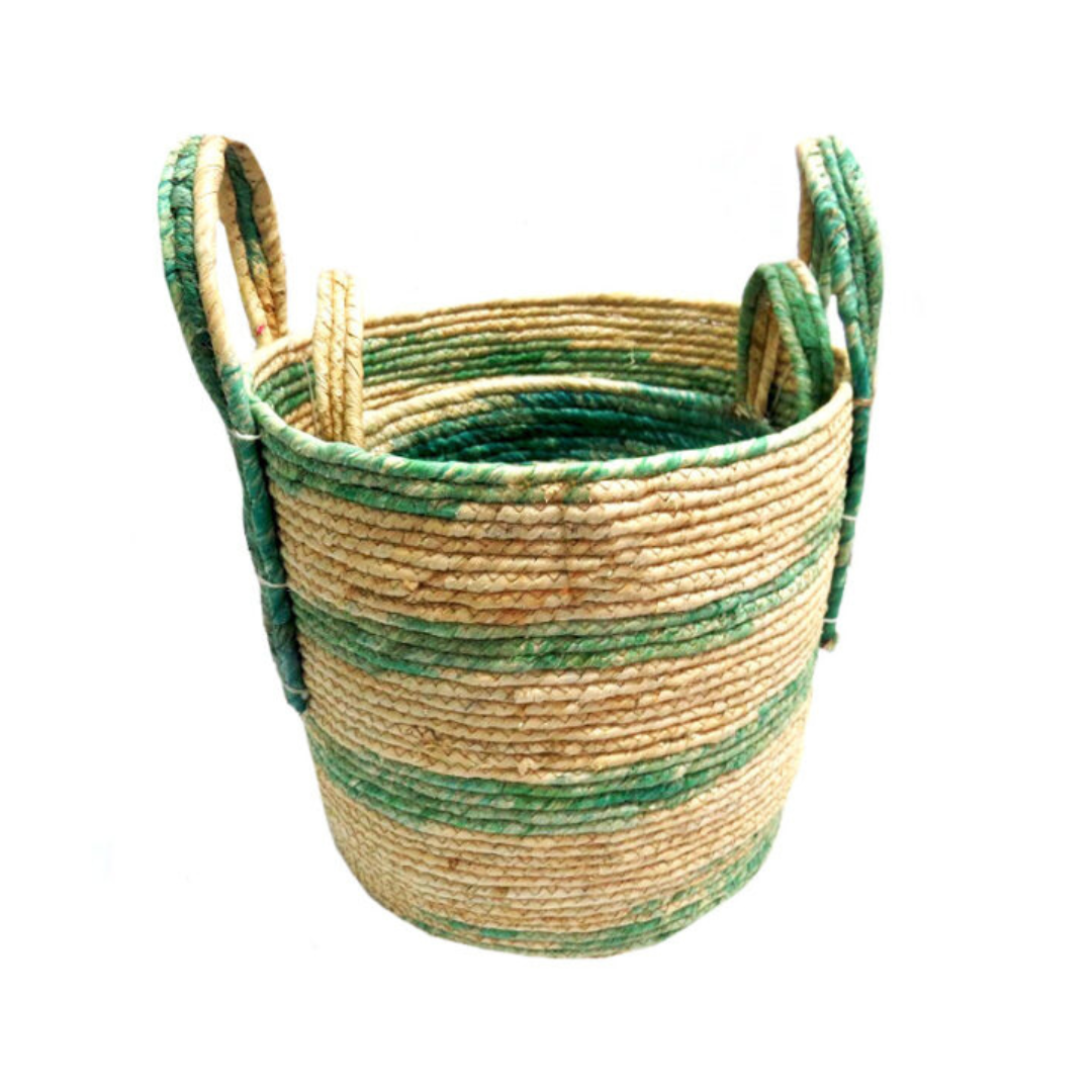 Expertly crafted from natural materials, the Peridot Set Of 2 Baskets offers both beauty and functionality. With sizes of 30 x 33 cm and 25 x 25cm, these baskets are perfect for organizing your space. The aqua stripes and woven handles add a touch of style to any room- UNIQUE INTERIORS