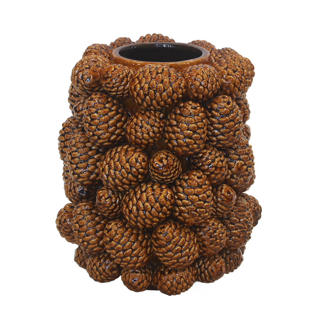 This tall brown ceramic vase features a unique pine design, adding a touch of nature to any room. Handcrafted with precision, it combines functionality with aesthetic appeal. Display your favorite flowers or greenery in this versatile and elegant vase-UNIQUE INTERIORS