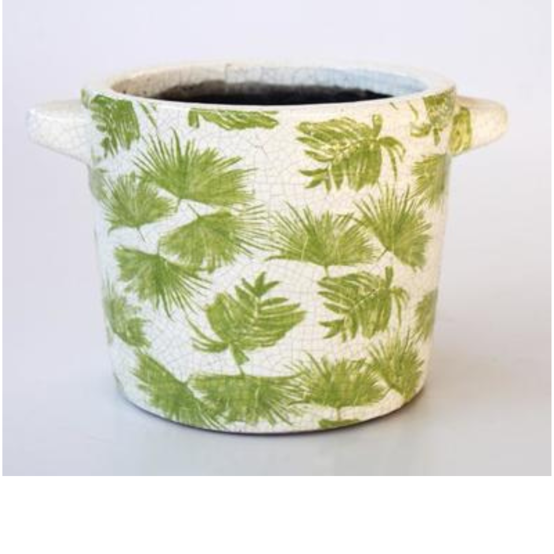 MEDIUM GREEN LEAF DISTRESSED PLANTER WITH HANDLE