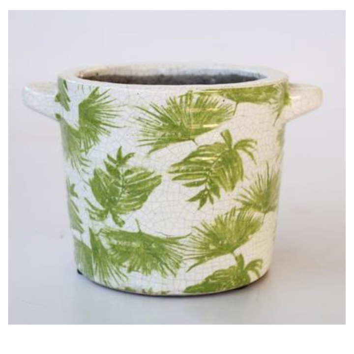 SMALL GREEN LEAF DISTRESSED PLANTER WITH HANDLE