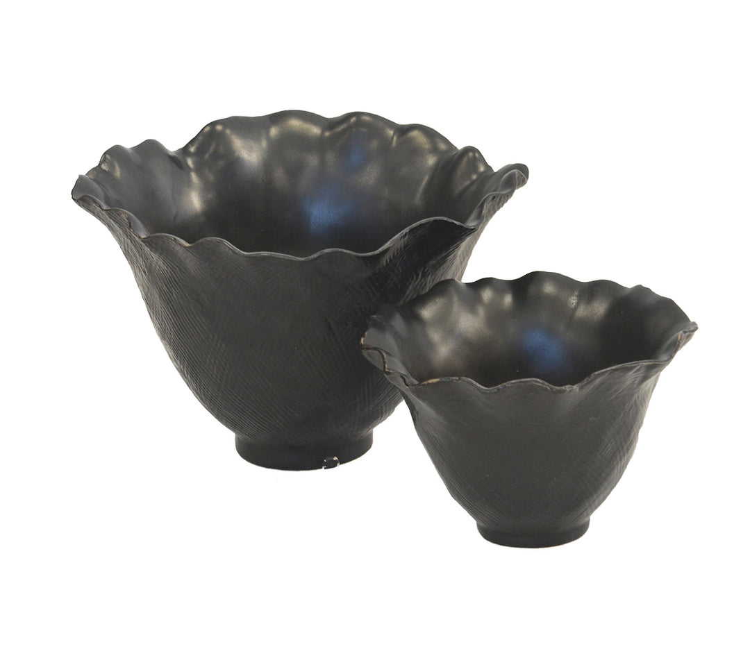 Ceramic scalloped petal votive matt black s/2