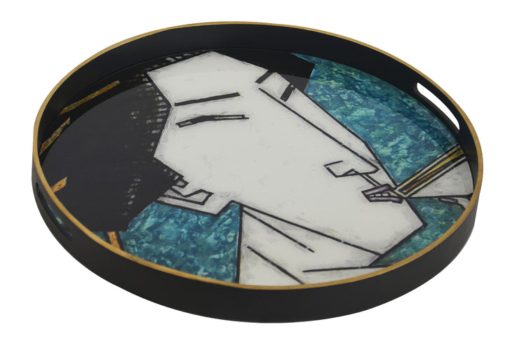 Glass tray geisha girl teal (60cm)