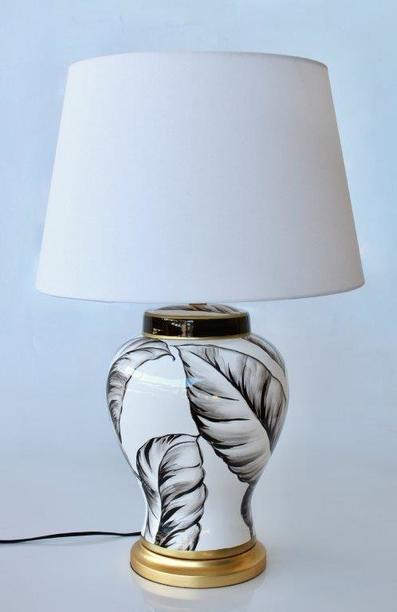 WHITE & BLACK LEAF LAMP BASE OFF WHITE SHADE 65X44CM