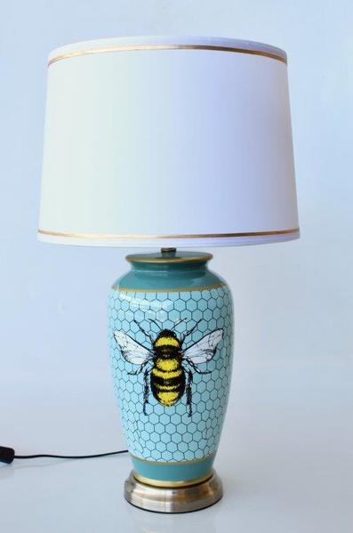 Blue honey comb bee lamp base white shade gold trim 68x40cm