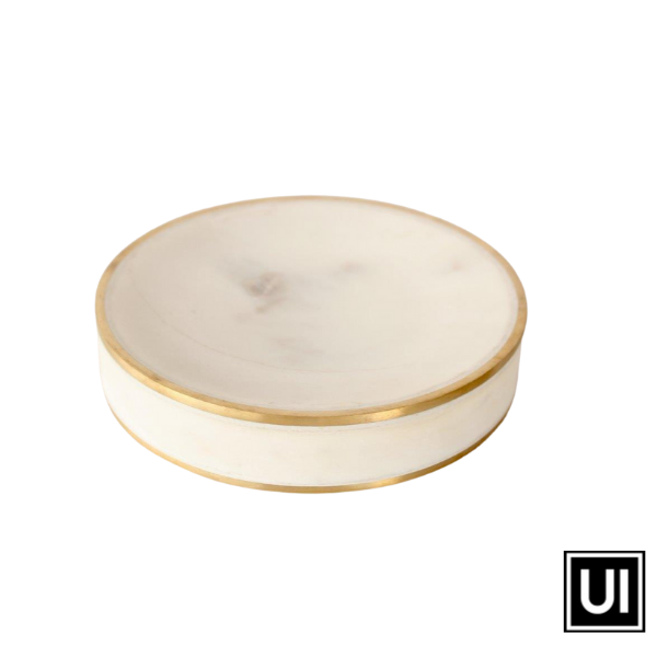 ROUND MARBLE SOAP DISH BRASS EDGE 13CM DIAM