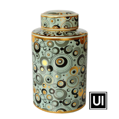  GREEN, GOLD & BLACK CIRCLES JAR WITH LID  31X20CM